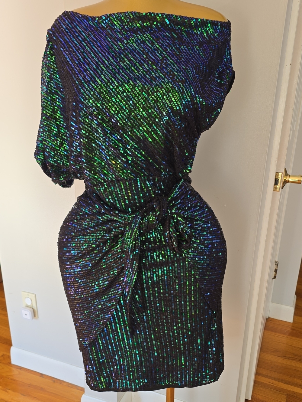 Grace Karin One-Shoulder Sequin Dress in Green and Blue